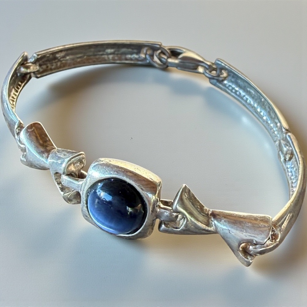 Unique Vintage Silver Bracelet with Blue Cabochon